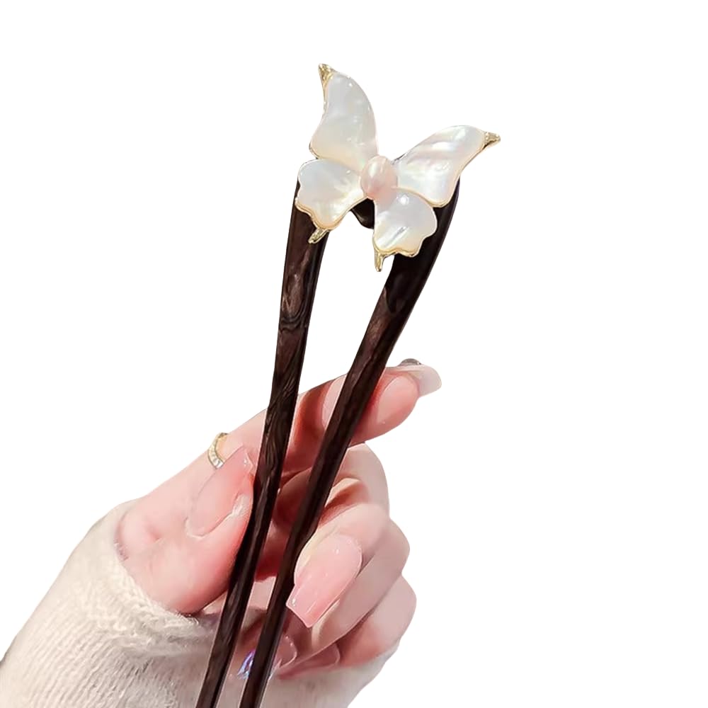 Handmade Wooden Hair Pin – U-Shaped Hair Fork with Natural Seashell Butterfly Design, French Hair Pins Clips for Women, Elegant Pearl Accent for Updos & Bun Styling 1P