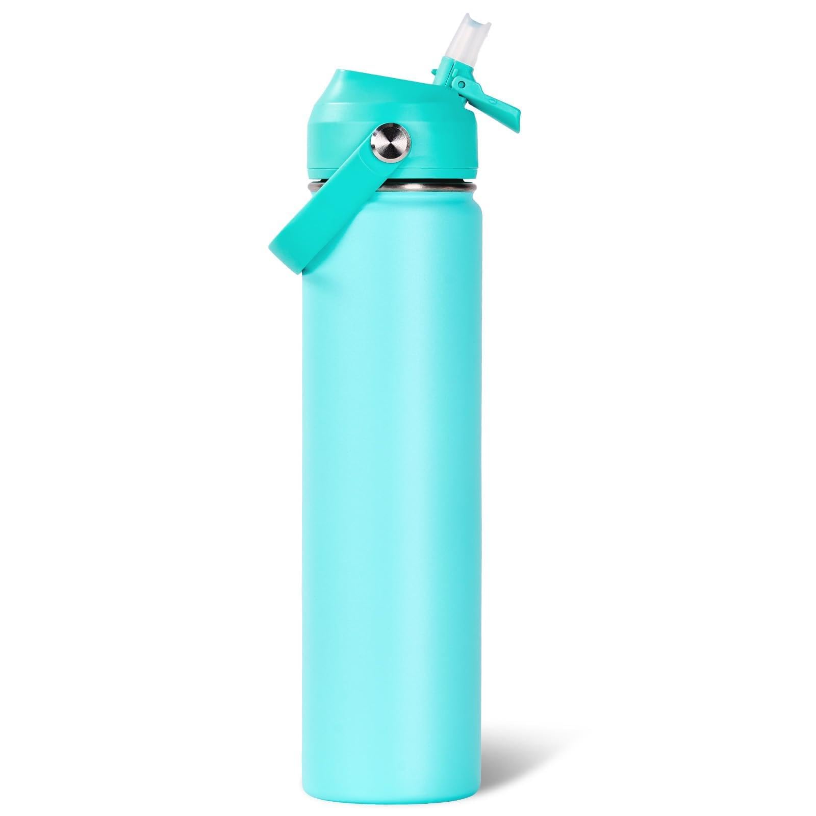 Fijinhom 24oz Insulated Stainless Steel Water Bottle, Wide Mouth Double Wall Vacuum, Silicone Straw, Sweat &amp; Leak Proof, BPA Free Insulated Water Flask for Travel, Keep Cold 24h Hot 12h, Sky