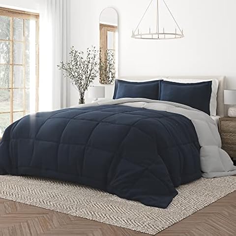 Merit Linens Down Alternative Reversible Navy Twin Comforter Set | Extra Soft, All Season | Machine Washable & Double-Brushed Breathable 2 Piece Comforter Set | Comforter + Pillow Included Cover
