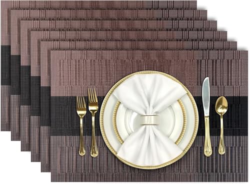 Cilveec Dining Table Mats 6 Pieces, Washable/Heat and Stain Resistant, Indoor/Outdoor Placemats, PVC Table Placemats, Brown & Black / 6 PCS