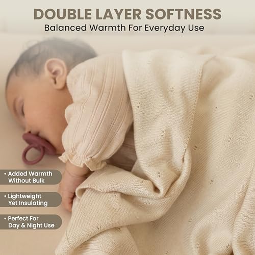 Image of Pointelle Double Layer 100% Tencel Baby Blanket - Breathable Temperature Regulating - Oeko-TEX Certified - 30x40 inch - Gift Box with Ribbon (Warm White)