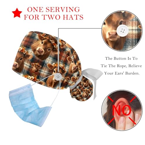 Image of 2 PCS Bouffant Cap with Button Ponytail Pouch Working Cap Sweatband Adjustable Surgical Cap Black and White Cow
