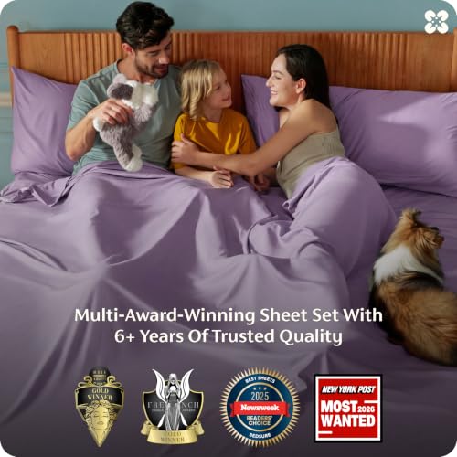 Image of Bedsure PureWoven 100% Rayon Derived from Bamboo, Full Size Sheets, 4 PCS | Cooling Sheets for Hot Sleepers, Breathable & Silky Soft, 16 inch Deep Pocket, Hotel Luxury Bedding, Lilac