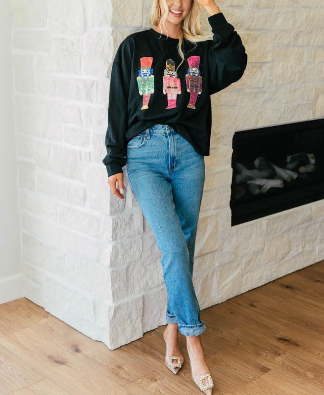 Women Cute Glitter Holiday Letter Sweaters Sparkle Sequin Long Sleeve Tops Casual Round Neck Pullover Sweatshirts - Image 4