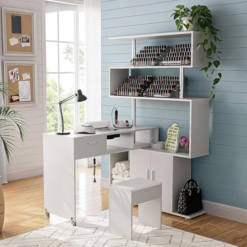 Kikihouse Manicure Table Nail Desk with Dust Collector, L-Shaped Nail Tech Desk with Stool, Two-Way...