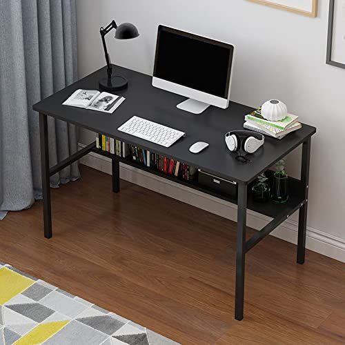 KWOKING Wooden Rectangular Writing Desk Bedroom Office Desk with Metal Legs Computer Desk Desktop Table Economical Student Home Rental Office Writing Desk Black with Shelf 47.5" L x 16" W x 29" H