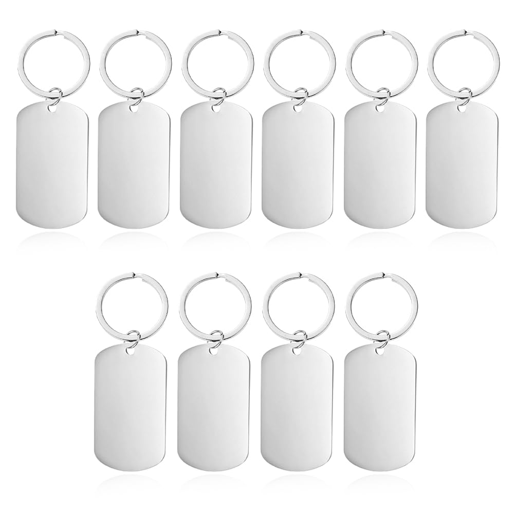 10 Pack Stainless Steel Blank with Keyrings, Metal Engraving Blanks for Metal Stamping, DIY Crafts, Personalised Pet ID Tags & Custom Luggage Keychains - Silver