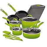 Rachael Ray Hard Porcelain Enamel Nonstick Cookware Set, 14-Piece, Green Gradient