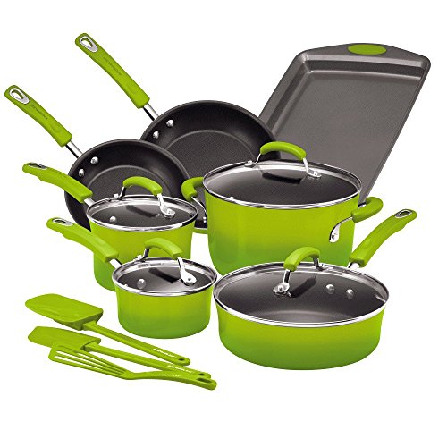 Rachael Ray Brights Nonstick Cookware Pots and Pans Set, 14 Piece, Green Gradient
