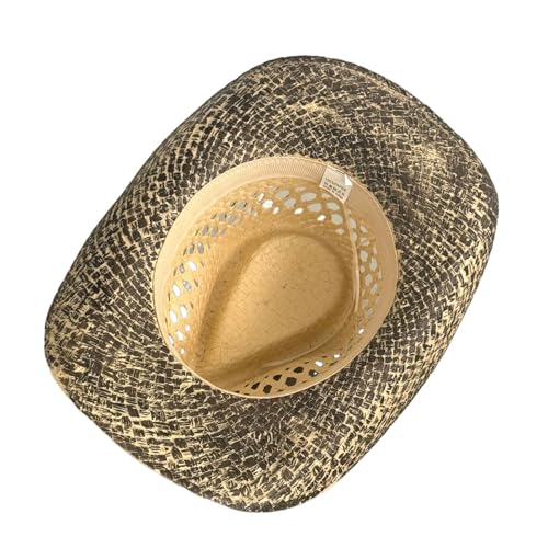 Image of Men & Women's Summer Cowboy Cowgirl Straw Hat Hollow Out Woven Roll Up Wide Brim Sun Hat with Chin Strap