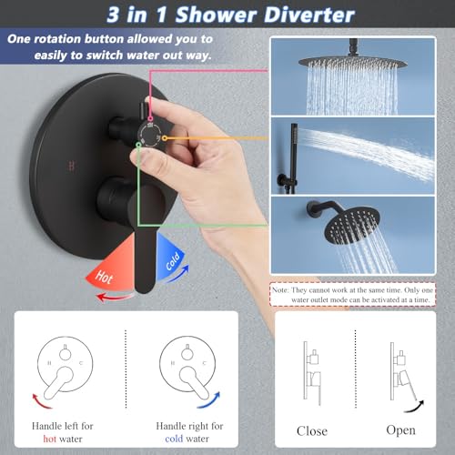 Kit de Ducha con Grifería, Sistema de Ducha en Negro Mate con Cabezal de Techo Redondo de 10 Pulgadas y Cabezal de Ducha de Pared de 6 Pulgadas miniatura 2