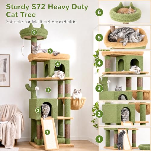 Image of Globlazer Heavy Duty Cactus Cat Tree for Large Cats, Sturdy 72in Maine Coon Cat Tree for Large 20 lbs+ Cactus Cat Tower for Adult Biggest Cats with 6 Scratching Posts, Hammock, S72, Green