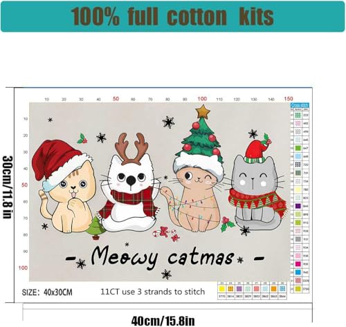 Image of Christmas Cat Stamped Cross Stitch Kits for Adults - Embroidery Kits for Beginners Adults,11 CT Patterns Dimensions Counted Cross Stitch Kits for Adults Arts Craft 16x12 inch