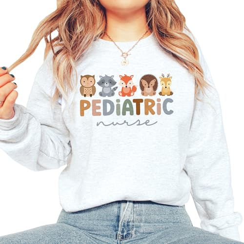 Pediatric Nurse Sweatshirt, Cute PEDS Woodland Animals Sweater, Pediatric Nurse Gift, Nursing School Grad, Pediatrics Department, Nurse Week Unisex Crewneck Sand4