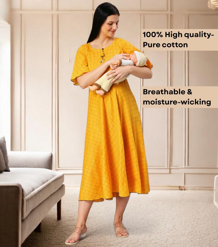 Image of DUMMY SHAPE Feeding Nighty | Maternity Dresses for Women Cotton Blend | Floral Pink Anarkali Kurta with Dual Nursing Zippers for Pregnancy & Breastfeeding | Gifts for Pregnant Women (