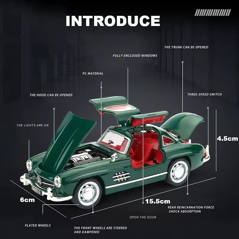 Image of Diecast Mercedes Benz 300 SL Toy Car - 1:32 Scale Alloy Vintage Car with Light & Sound, Pull-Back Toy for Kids & Collectors, Gift for Boys & Enthusiasts- (Color As Per Stock)