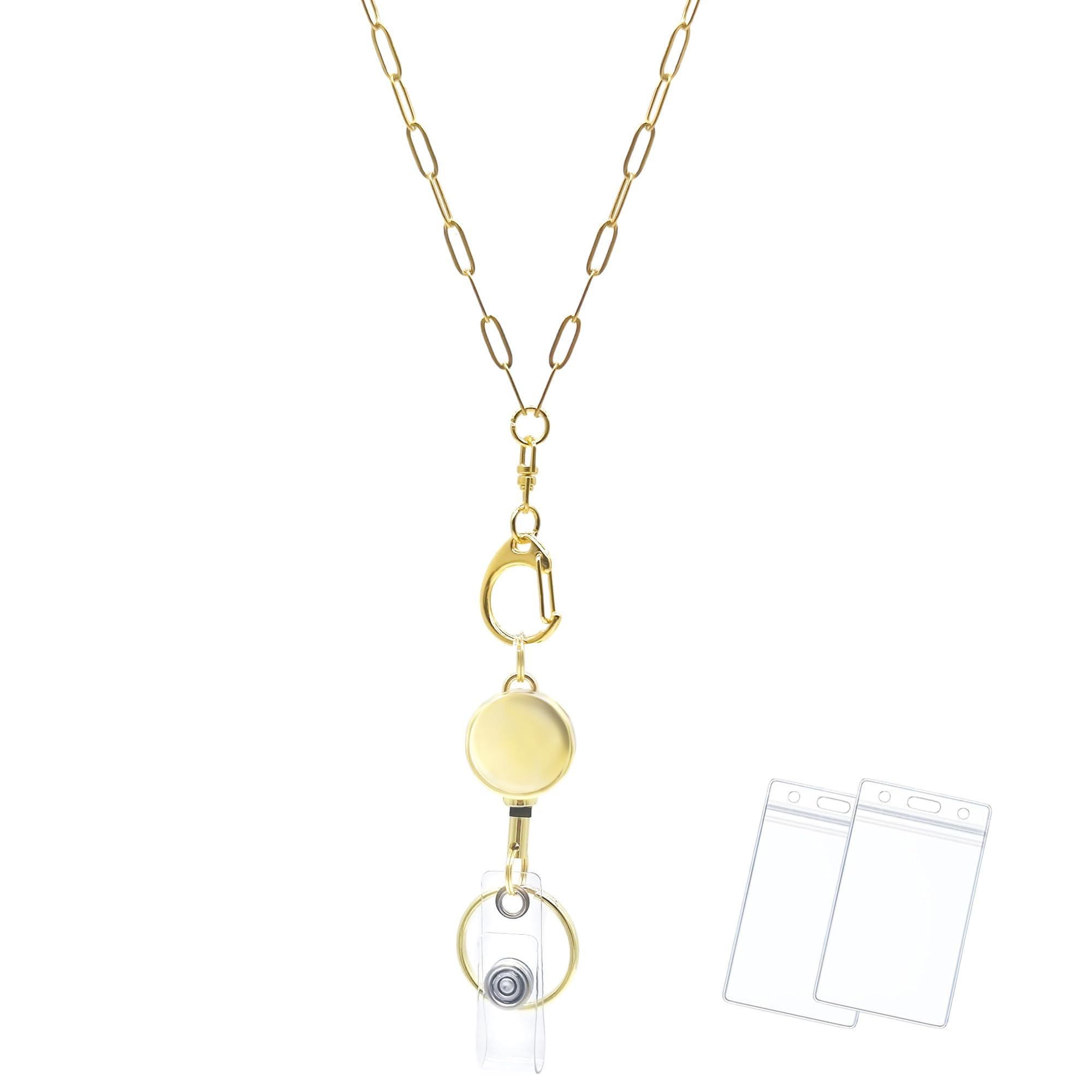 Retractable Lanyards for ID Badges Cuban Gold Necklace Chain Badge Lanyards for Women Gold Stainless Steel ID Badge Holder