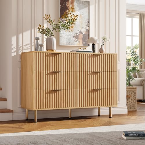 GarveeHome Natural 6 Drawer Dresser for Bedroom, Fluted 47.2 in Wide Modern Chest of Drawers with Deep Drawers, Long Large Double Dresser TV Stand for Living Room, Hallway, Kids Room Natural