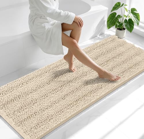 Image of Smiry Thick Chenille Bathroom Runner Rugs 70x24, Absorbent Bath Mat, Sand | Quick‑Dry & Machine Washable, Non‑Slip Bath Carpet, Soft Striped Bath Rugs for Tub & Shower, Modern Home Decor Accessories