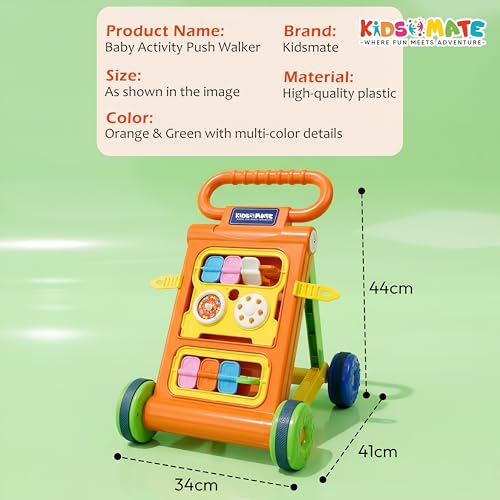 Image of Kidsmate Baby Activity Walker with Toy Bar | Foldable Push Walker for Babies 6-18 Months | Interactive Learning Walker with Shape & Spin Games | Supports Early Steps, Learning & Playtime Fun - Orange
