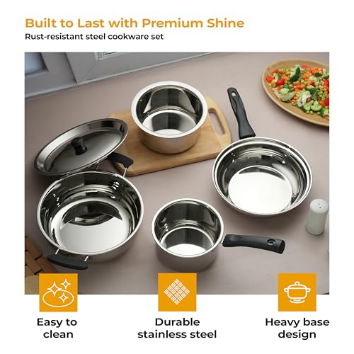 Lifelong 4 Pc Stainless Steel Cookware Set | 2.2L Kadhai with Lid 22cm | 1.4L Fry Pan 22cm | 1.2L Saucepan 14cm |1.4L Tope 16cm | Comes with Common... - Image 5