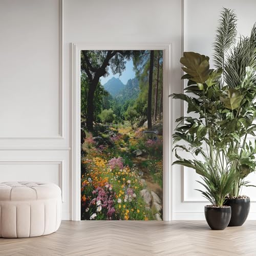 Forêt Montagne Poster De Porte Trompe L'oeil, Floraison Botanique Auto-Adhésif Sticker Mural Porte, pour Chambre Salon Cuisine Plantes Verte Stickers...