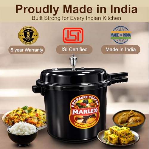 Image of Marlex 13.5 Litres Hard Anodised Pressure Cooker - 5 Year Warranty ISI Certified - Gas Stovetop Compatible - Ideal for Large Family, Commercial Kitchen, Corrosion-Resistant Durable Black Cooker