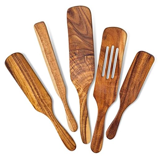Wooden Spurtle Set Of 5 For Cooking, Acacia Wood Utensils For Kitchen, Heat Resistant Spoon, Non-Stick Tool Sets, Versatile Tools, As Seen On TV Bamboo Spatulas, Premium Utensil Spoons