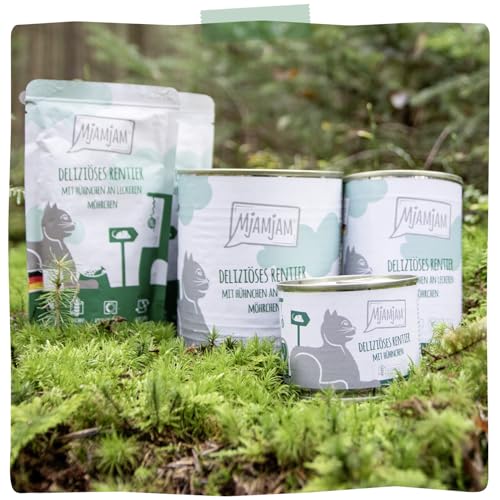 MjAMjAM - Premium Nassfutter für Katzen - Quetschie - deliziöses Rentier mit Hühnchen an leckeren Möhrchen, 12er Pack (12 x 125 g), getreidefrei mit extra viel Fleisch