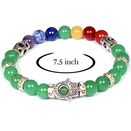 Image of Reiki Crystal Products Certified Natural Crystal Stone 7 Chakra with Hamsa 8 mm Round Beads Bracelet for Men & Women | Reiki Charged Gemstone Bracelet | Multiple Stone Variants Available