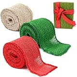 RAINFLOW Christmas Burlap Ribbon for Gift Wrapping - 3 Rolls Natural Burlap Fabric Thick Jute Wired Ribbon for Crafts Flower Bouquet Gift Wrapping Christmas Tree Decorations Wide 2 inch 9 Yard