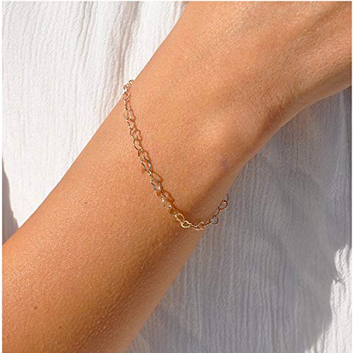Image of Womens Dainty Gold Chain Bracelet,Simple Layered Chain Bracelets,Beaded Turquoise Bracelet,Charm Crystal Bar,Heart,Karma,Triangle,Pearl Bracelets for Women