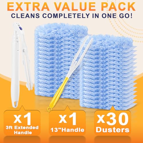 Image of 30-Pack Heavy Duty Duster Refills Compatible with Swiffer, 3FT Extendable Handle, 5X Multi-Surface Microfiber Duster for Home, Fans, Blinds, Vents & Car Cleaning