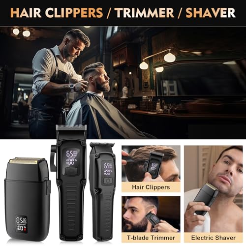 QREEYX Professional Hair Clipper for Men, 3 in 1 Hair Clipper Beard Trimmer and Electric Foil Shaver Set with LED Display, Cordless Grooming Kit for Home, Travel, Barber, Ideal Gift for Him — view 6