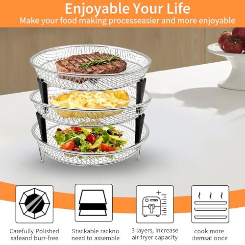 3 Layers Stackable Air Fryer Rack, 8 Inch Round Food Grade Stainless Steel Dehydrator Rack Mesh Tray Set, Fits Inner Diameter ≥8.6 Inch by GWYXC - Used condition - Image 3