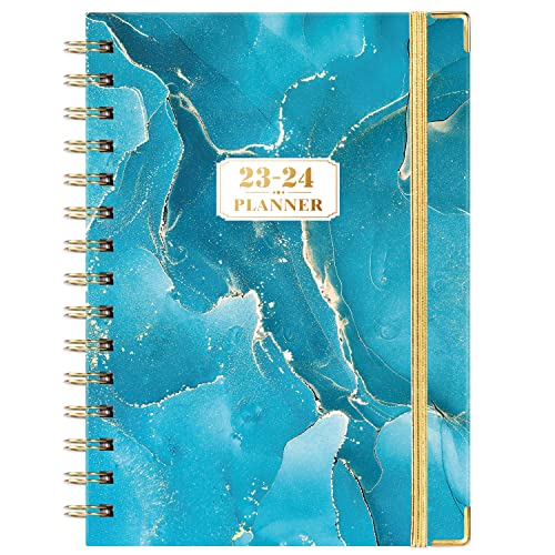 Planner 2023-2024 - 2023-2024 Planner with Tabs, July 2023 - June 2024, Academic Weekly and Monthly Planner 2023-2024 with Back Pocket, 6.1" x 8.7", Hardcover with Contacts + Thick Paper + Twin-Wire Binding - Blue Waterink