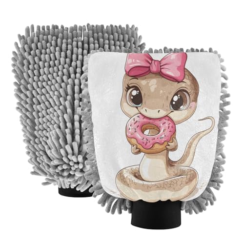 STAYTOP Cute Snake Wearing Bow Tie Car Wash Mitt Microfiber, 2Pcs Scratch Free Lint-Free, Premium Chenille Microfiber Mitt Car Wash Brush-M