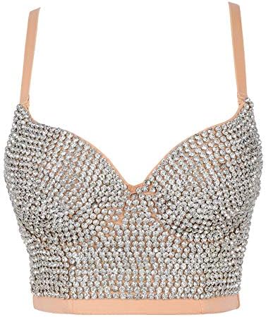 VEENDEO Women's Bustier Crop Top Mesh Corset Top Push up Rhinestone Diamond Bra Club Party Vest (#2 Silver&Beige, M)