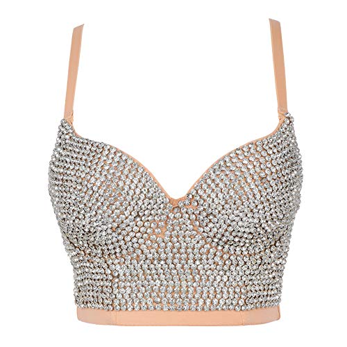Veendeo Women's Bustier Crop Top Mesh Corset Top Push Up Rhinestone Diamond Bra Club Party Vest (#2 Silver&Beige, M) #TOP3