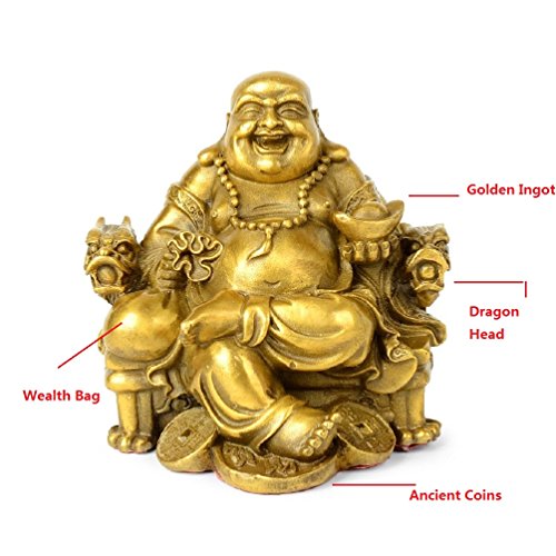Wealthcoming Fengshui Buddha Statue For Lucky & Happiness God Of Wealth,Laughing Buddha On Emperor`s Dragon Chair,Brass Buddhist Statues And Sculptures Home Decor Congratulatory Gifts (Medium) #TOP3