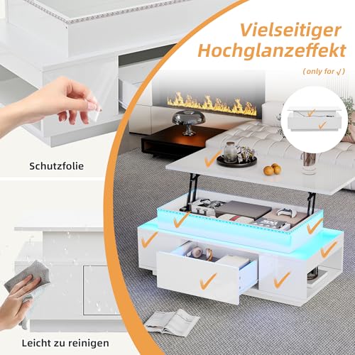Merax Höhenverstellbarer CouchtischHochglanz Wohnzimmertisch mit LED Beleuchtung, Lift-Top Kaffeetisch mit Schublade,Ablagefächern, Sofatisch für Wohnzimmer,96 x 45 x 40 cm, Weiß – Bild 8