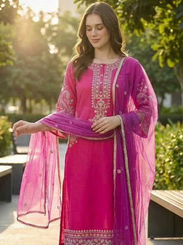 Image of INDO ERA Women's Silk Blend Embroidered Straight Kurta Pant with Dupatta