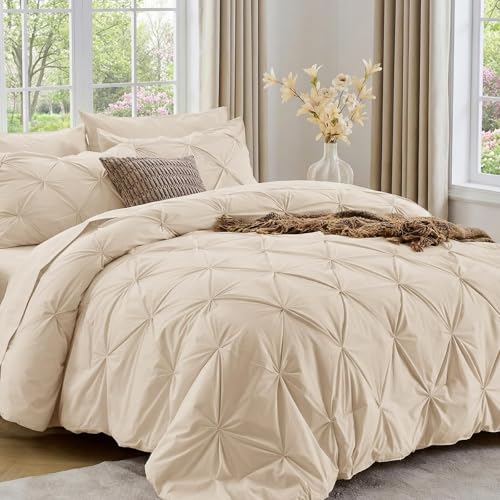 Image of Sasttie Queen Comforter Set, 7-Piece Bed in a Bag, Pintuck Bedding Sets for All Season, Includes Comforter, Flat Sheet, Fitted Sheet, Pillowcases and Pillowshams, Warm Beige
