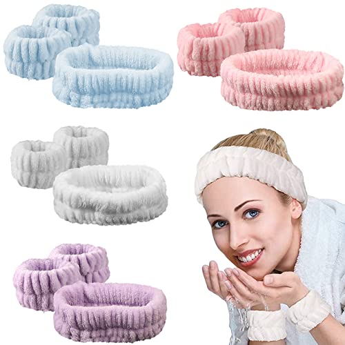 DKDDSSS 12 PCS Diadema de Maquillaje,Juego de Diademas Faciales y Muñequeras,Spa Diadema Elásticas,Banda de Pelo para Maquillaje, Bañarse, Yoga(4 colores)