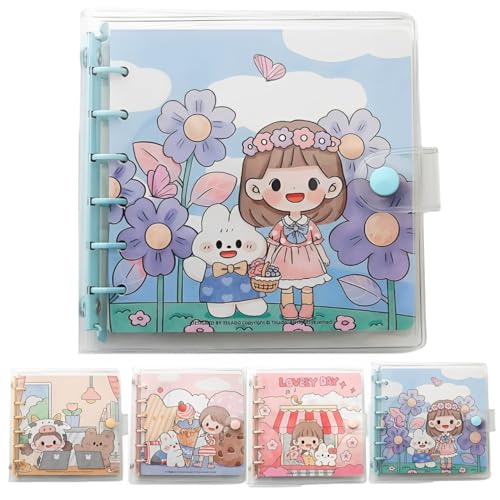 正方形のルーズリーフノート ミニバインダー 手帳 6穴バインダー クリアバインダー 可愛い 防水 ハンドブック グリッド 80枚紙 ポケットサイズ メモ帳 PVCクリア素材 ボタン付き かわいいノート 交換可能 DIY手帳 (C)