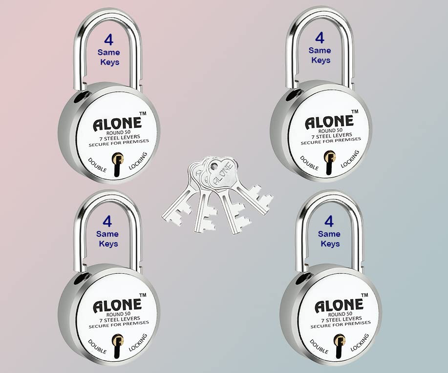 Alone Round Padlock 50 mm 4 Padlocks 4 Same Keys Long Shackle Double Locking | Padlocks for Home Door Grill gate Shop Shutter, Chrome Finish Rust Free-picture-24