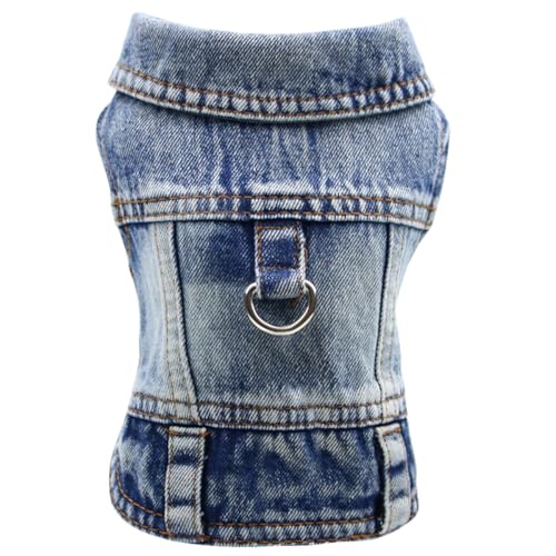 LKEX Dog Jean Jacket, Blue Denim Shirt Classic Lapel Vest Coat Costume Puppy T-Shirt, Comfort Tank Top Cool Apparel, Washed Pet Clothes for Dogs Boy Girl (with D-Ring, Small)