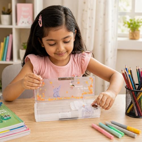 Image of WISHKEY Pencil Box for Kids, Cartoon Themed Pencil Box with Dual in-Built Sharpener, Spacious Stationery Case for School Students, Dual Compartment Box with Magnetic Lock (Pack of 1, Assorted)