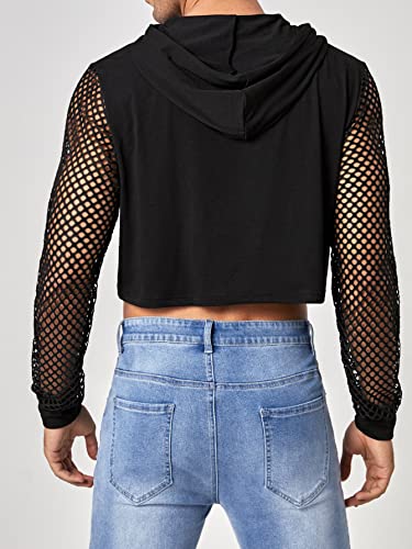 WDIRARA Men's Fishnet Mesh Long Sleeve Drawstring Crop Hoodie Sweatshirt Pullover2