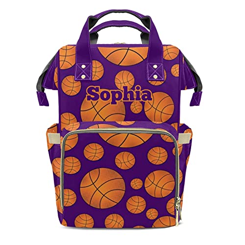 Purple Basketballs Purple Stripe Diaper Bag Backpack Multifunction Bags with Changing Pad Unisex Stylish Travel Back Pack Nappy Custom Bag for Moms Dads